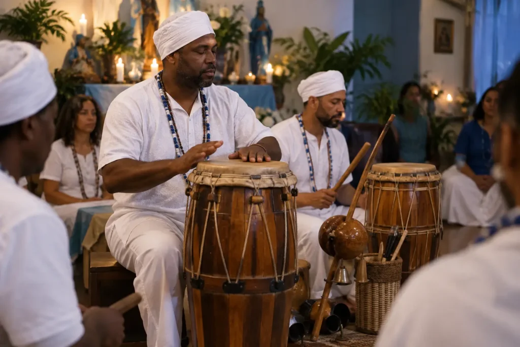 Ogã tocando atabaque em uma gira de Umbanda, com a curimba sustentando o ambiente ritual e a roda de participantes ao fundo.
