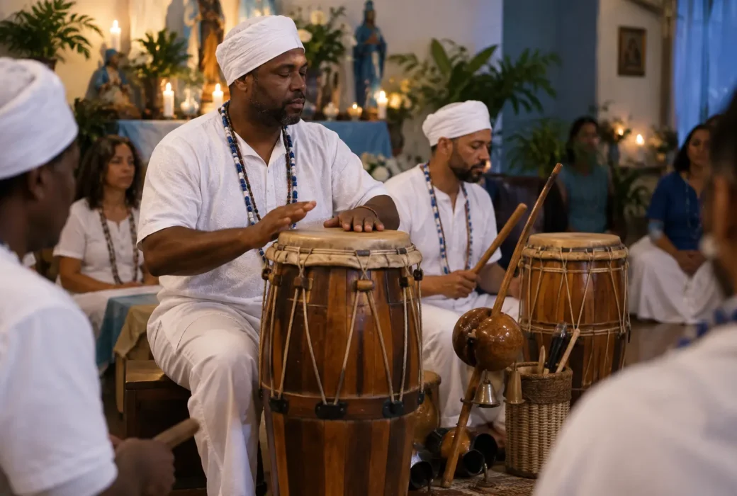Ogã tocando atabaque em uma gira de Umbanda, com a curimba sustentando o ambiente ritual e a roda de participantes ao fundo.