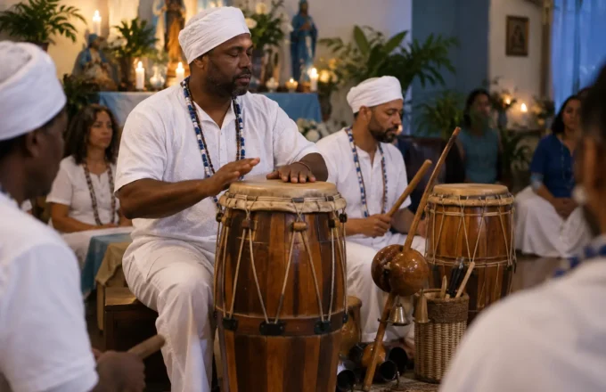 Ogã tocando atabaque em uma gira de Umbanda, com a curimba sustentando o ambiente ritual e a roda de participantes ao fundo.