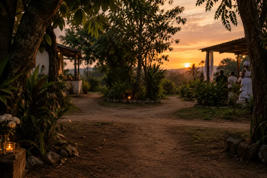 Terreiro de Umbanda ao entardecer com caminho em encruzilhada e atmosfera contemplativa