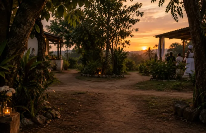 Terreiro de Umbanda ao entardecer com caminho em encruzilhada e atmosfera contemplativa