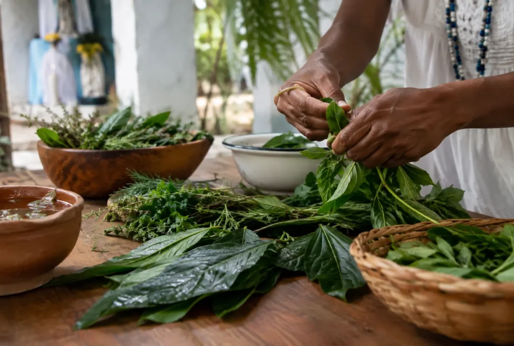 Mãos preparando ervas frescas sobre uma mesa de madeira em ambiente de terreiro, com luz natural suave e clima respeitoso.