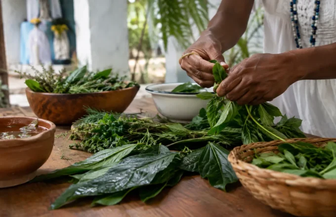 Mãos preparando ervas frescas sobre uma mesa de madeira em ambiente de terreiro, com luz natural suave e clima respeitoso.