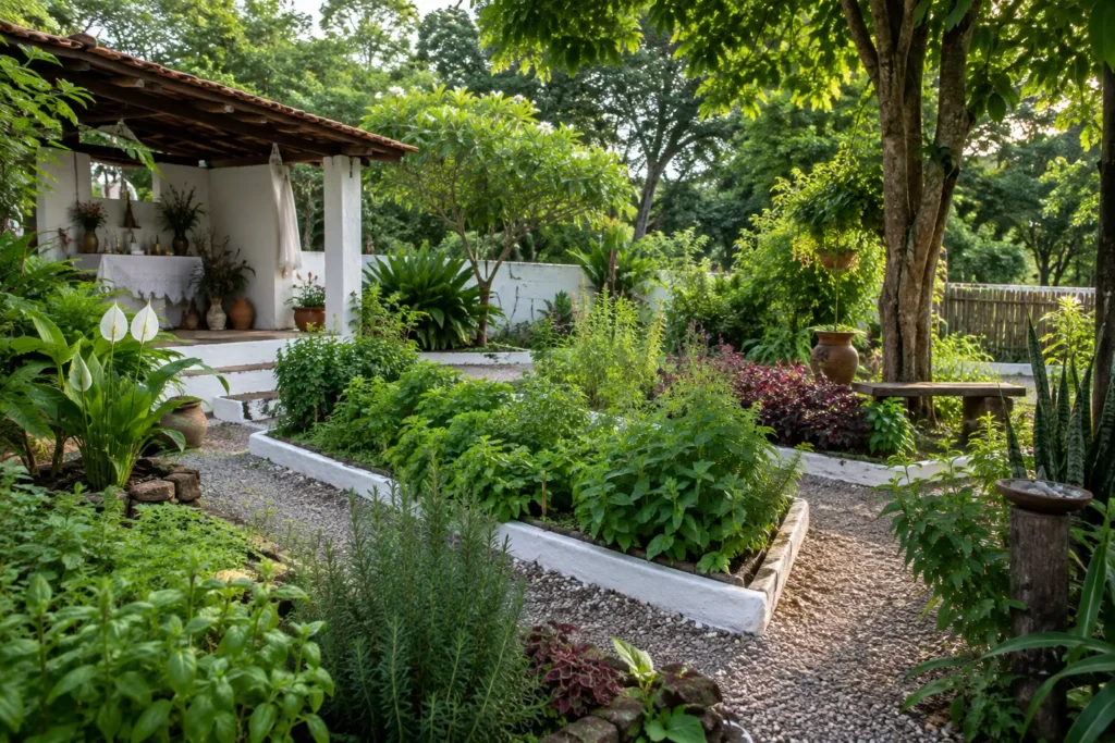 Jardim de ervas em um terreiro de Umbanda, com canteiros, plantas medicinais e árvores, representando cuidado, território e preservação do espaço sagrado.