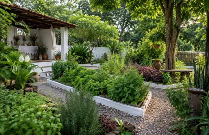 Jardim de ervas em um terreiro de Umbanda, com canteiros, plantas medicinais e árvores, representando cuidado, território e preservação do espaço sagrado.