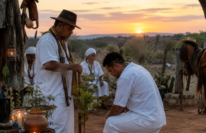 Terreiro de Umbanda em ambiente de campo ao entardecer, com clima sereno e referência discreta ao universo dos Boiadeiros.