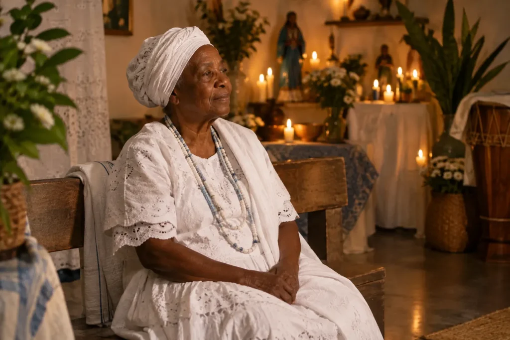 Interior de terreiro de Umbanda com clima de acolhimento, luz suave e presença serena associada à memória e à sabedoria dos Pretos-velhos.