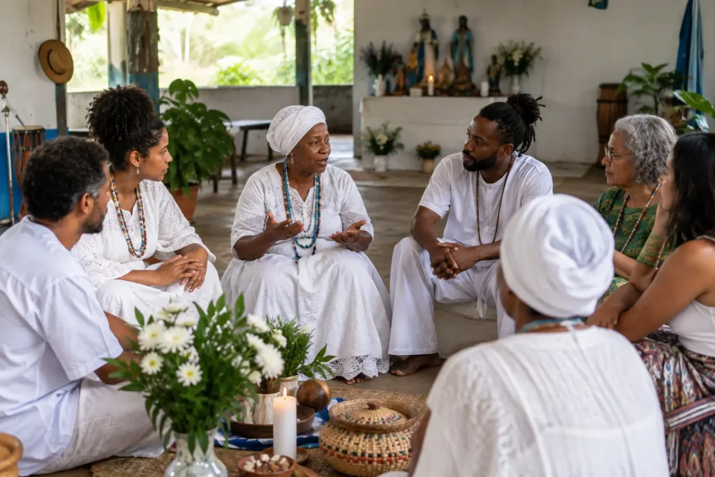 Terreiro de Umbanda em ambiente comunitário, com pessoas em roda de escuta e atmosfera de memória, ancestralidade e preservação cultural.