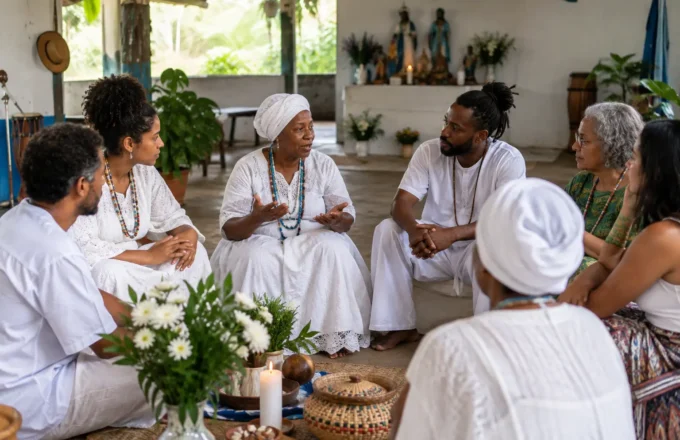 Terreiro de Umbanda em ambiente comunitário, com pessoas em roda de escuta e atmosfera de memória, ancestralidade e preservação cultural.