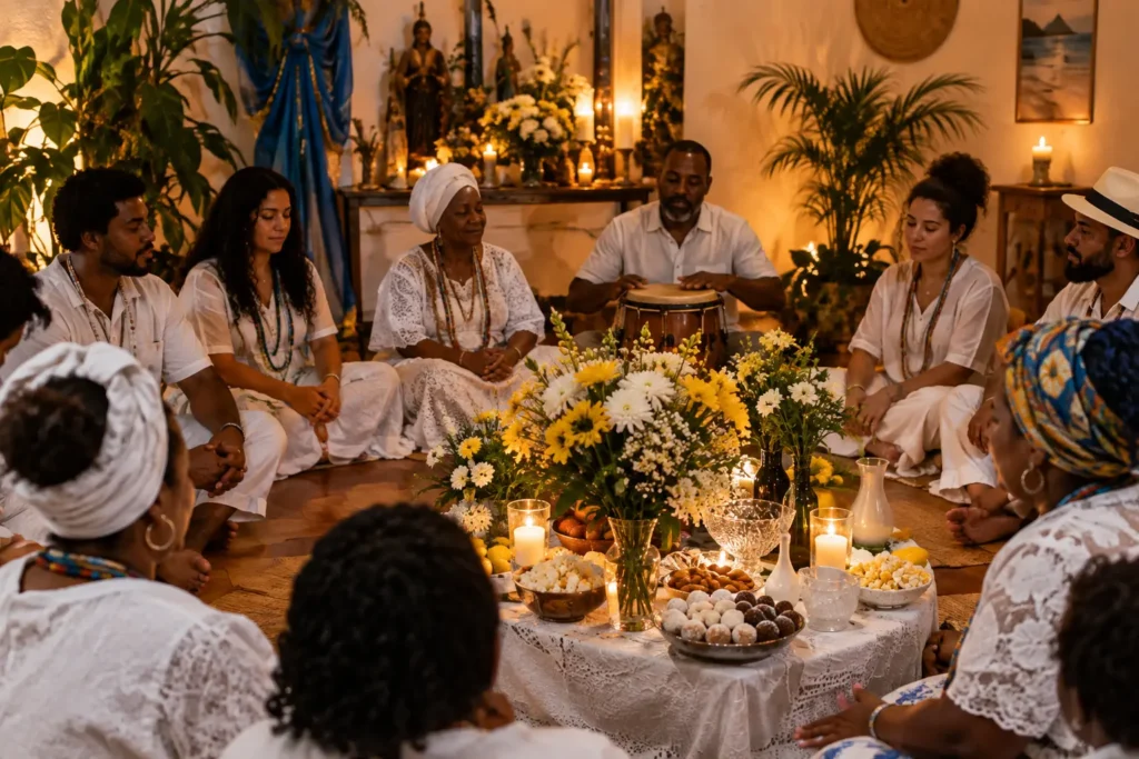 Ambiente festivo e respeitoso em terreiro de Umbanda, com mesa de doces, flores e roda de celebração, evocando afeto e proteção no 12 de outubro.