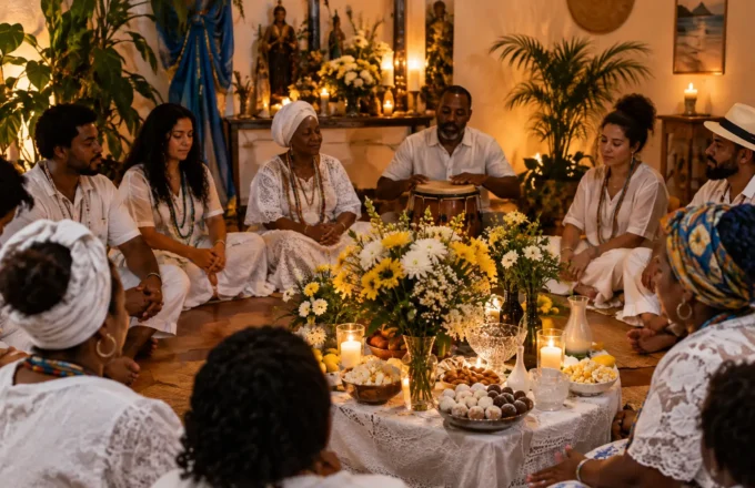 Ambiente festivo e respeitoso em terreiro de Umbanda, com mesa de doces, flores e roda de celebração, evocando afeto e proteção no 12 de outubro.