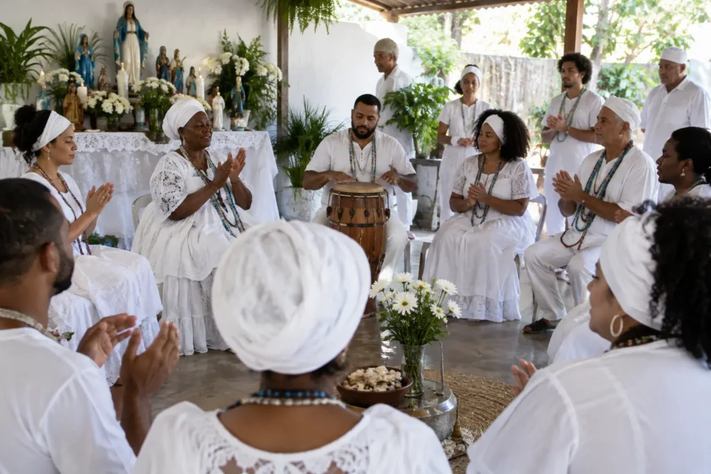 Grupo de praticantes em um terreiro de Umbanda, em ambiente sereno e comunitário, simbolizando a celebração do 15 de novembro.