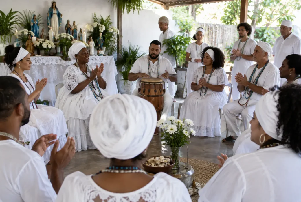 Grupo de praticantes em um terreiro de Umbanda, em ambiente sereno e comunitário, simbolizando a celebração do 15 de novembro.
