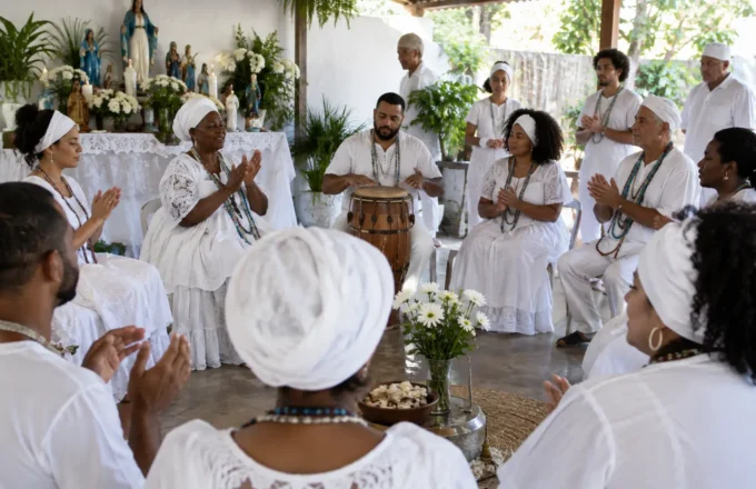 Grupo de praticantes em um terreiro de Umbanda, em ambiente sereno e comunitário, simbolizando a celebração do 15 de novembro.