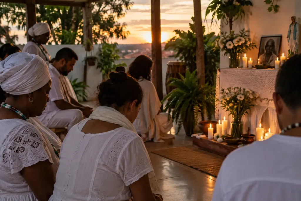 Terreiro de Umbanda em momento de recolhimento e homenagem aos mortos, com velas acesas e atmosfera serena