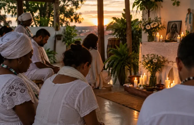 Terreiro de Umbanda em momento de recolhimento e homenagem aos mortos, com velas acesas e atmosfera serena