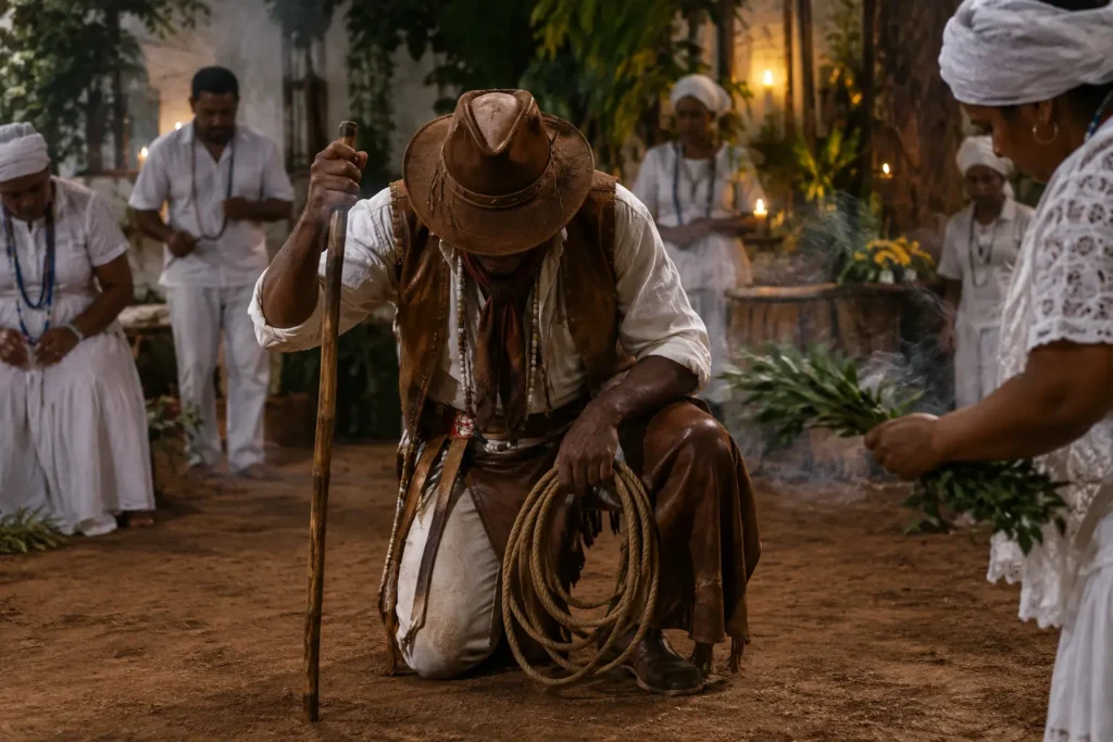 Imagem horizontal de um terreiro de Umbanda com a presença simbólica de um boiadeiro, em ambiente ritual respeitoso e discreto.