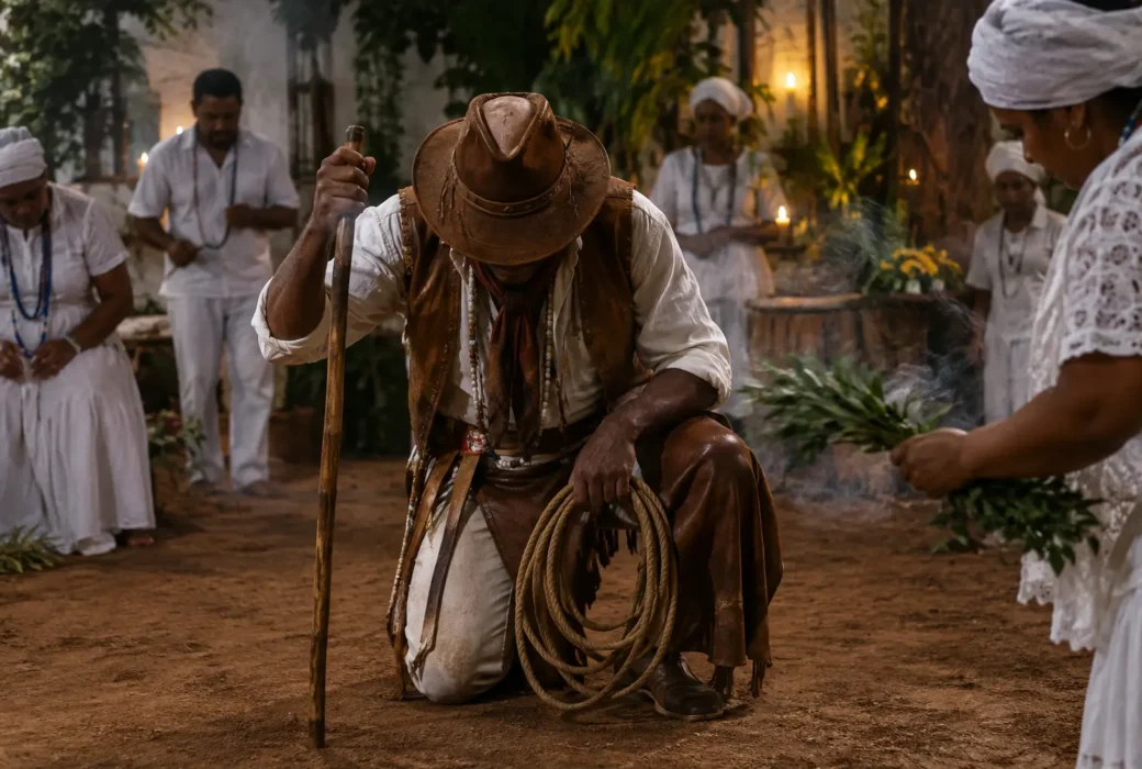 Imagem horizontal de um terreiro de Umbanda com a presença simbólica de um boiadeiro, em ambiente ritual respeitoso e discreto.
