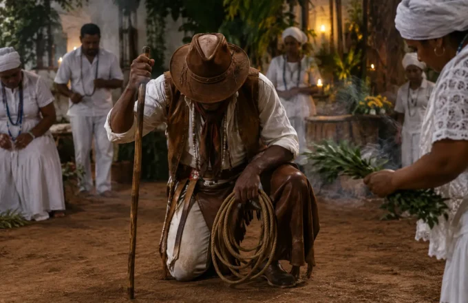 Imagem horizontal de um terreiro de Umbanda com a presença simbólica de um boiadeiro, em ambiente ritual respeitoso e discreto.