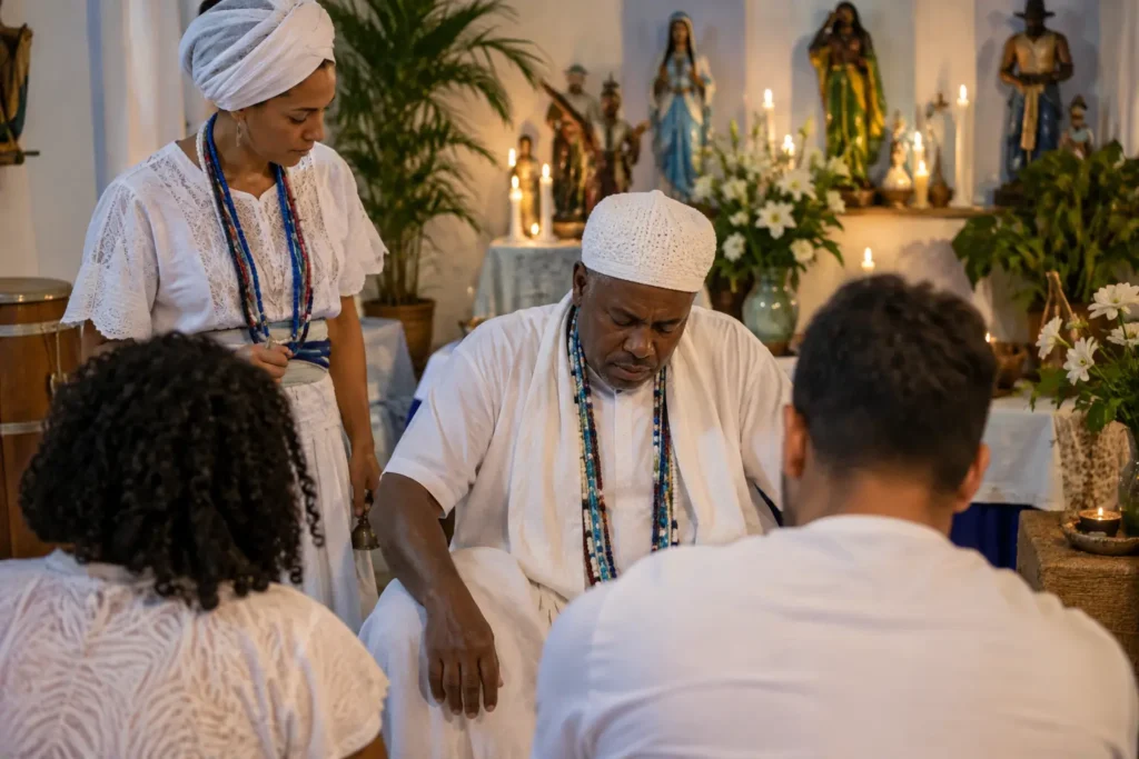 Cambone atuando com discrição ao lado do médium em um terreiro de Umbanda, durante atendimento coletivo.