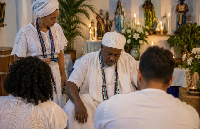 Cambone atuando com discrição ao lado do médium em um terreiro de Umbanda, durante atendimento coletivo.