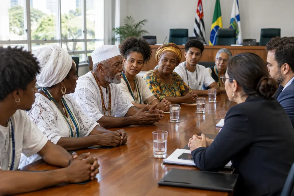 Jovens e lideranças de uma comunidade de terreiro participam de diálogo com representantes públicos em ambiente institucional, em cena de reconhecimento e debate sobre pertencimento e liberdade religiosa.