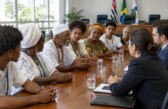 Jovens e lideranças de uma comunidade de terreiro participam de diálogo com representantes públicos em ambiente institucional, em cena de reconhecimento e debate sobre pertencimento e liberdade religiosa.