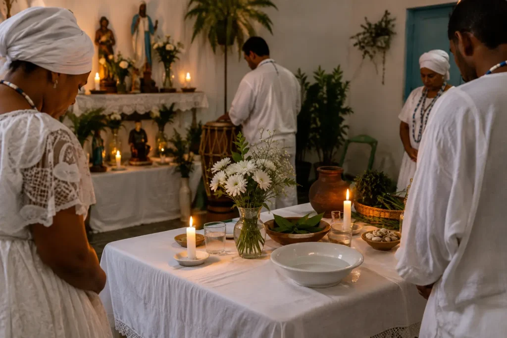 Terreiro de Umbanda em ambiente de cuidado ritual, com médiuns e objetos organizados de forma respeitosa e serena.