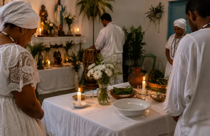 Terreiro de Umbanda em ambiente de cuidado ritual, com médiuns e objetos organizados de forma respeitosa e serena.