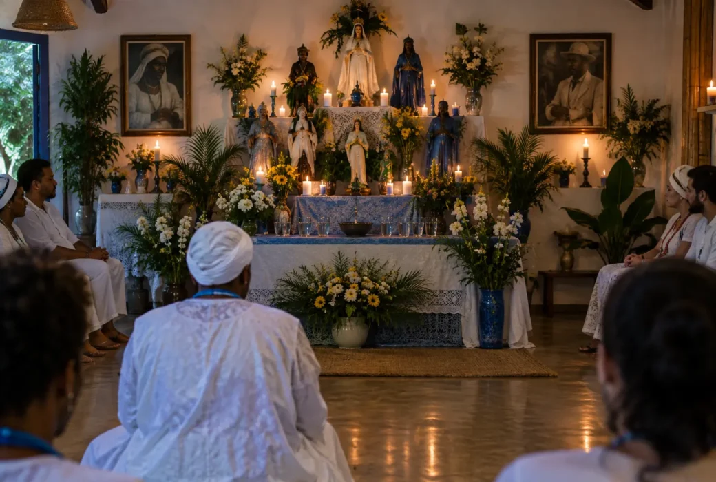 Interior de um terreiro de Umbanda com o congá ao centro, cercado por participantes em momento de gira, com flores, velas e imagens sacralizadas em composição ritual.