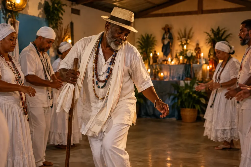 Pessoa incorporada como Baiano ou Baiana em movimento na gira de Umbanda, com expressão alegre e postura dançante, em um terreiro acolhedor.