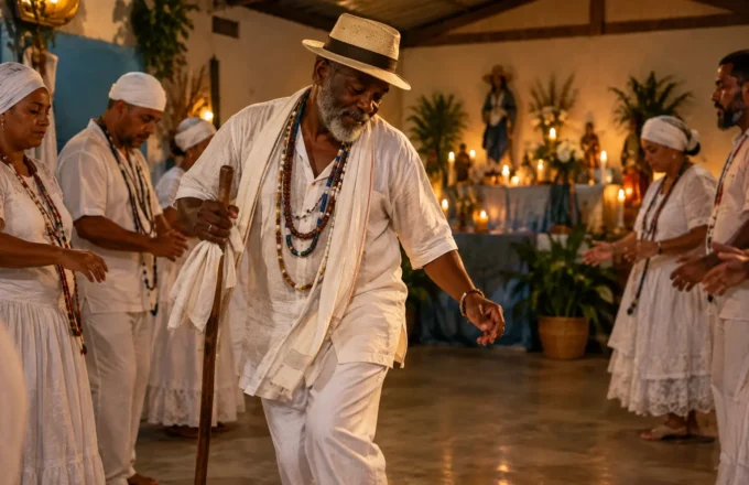 Pessoa incorporada como Baiano ou Baiana em movimento na gira de Umbanda, com expressão alegre e postura dançante, em um terreiro acolhedor.