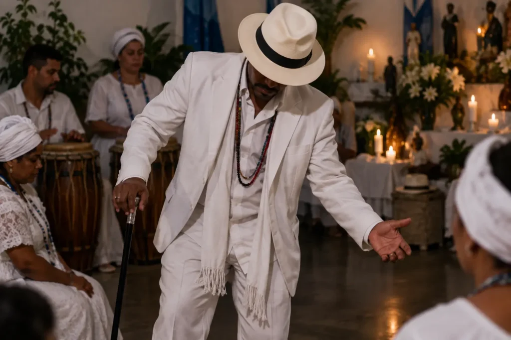 Terreiro de Umbanda em gira, com figura inspirada na linha dos Malandros usando terno branco e chapéu Panamá, em ambiente ritual respeitoso.