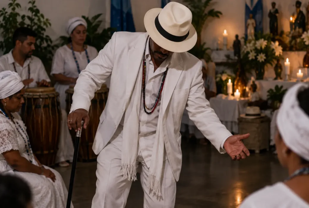 Terreiro de Umbanda em gira, com figura inspirada na linha dos Malandros usando terno branco e chapéu Panamá, em ambiente ritual respeitoso.