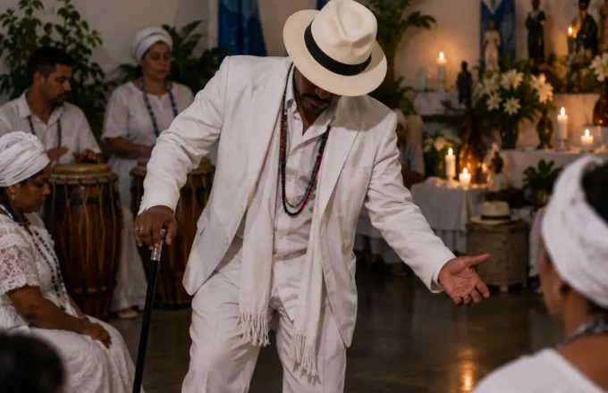 Terreiro de Umbanda em gira, com figura inspirada na linha dos Malandros usando terno branco e chapéu Panamá, em ambiente ritual respeitoso.