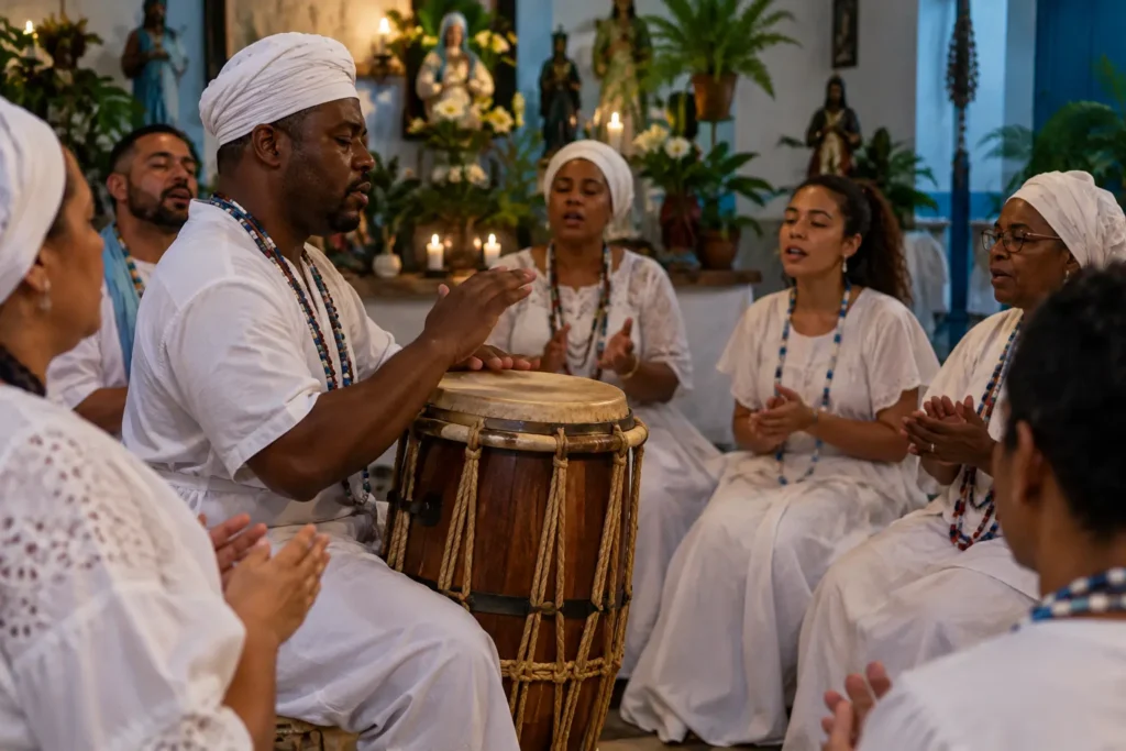 Roda de Umbanda com atabaque e canto coletivo organizando a gira