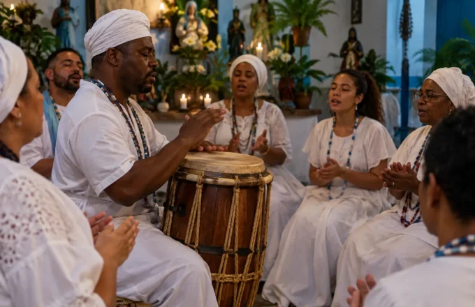 Roda de Umbanda com atabaque e canto coletivo organizando a gira