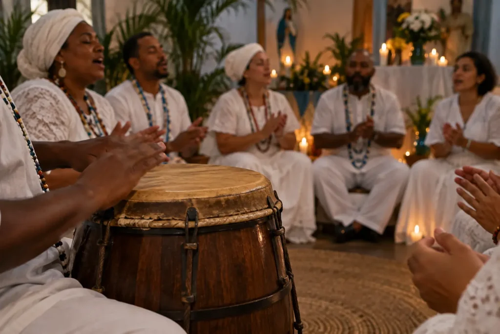 Praticantes de Umbanda em roda com atabaque, em um contexto de canto ritual e transmissão de saberes no terreiro.