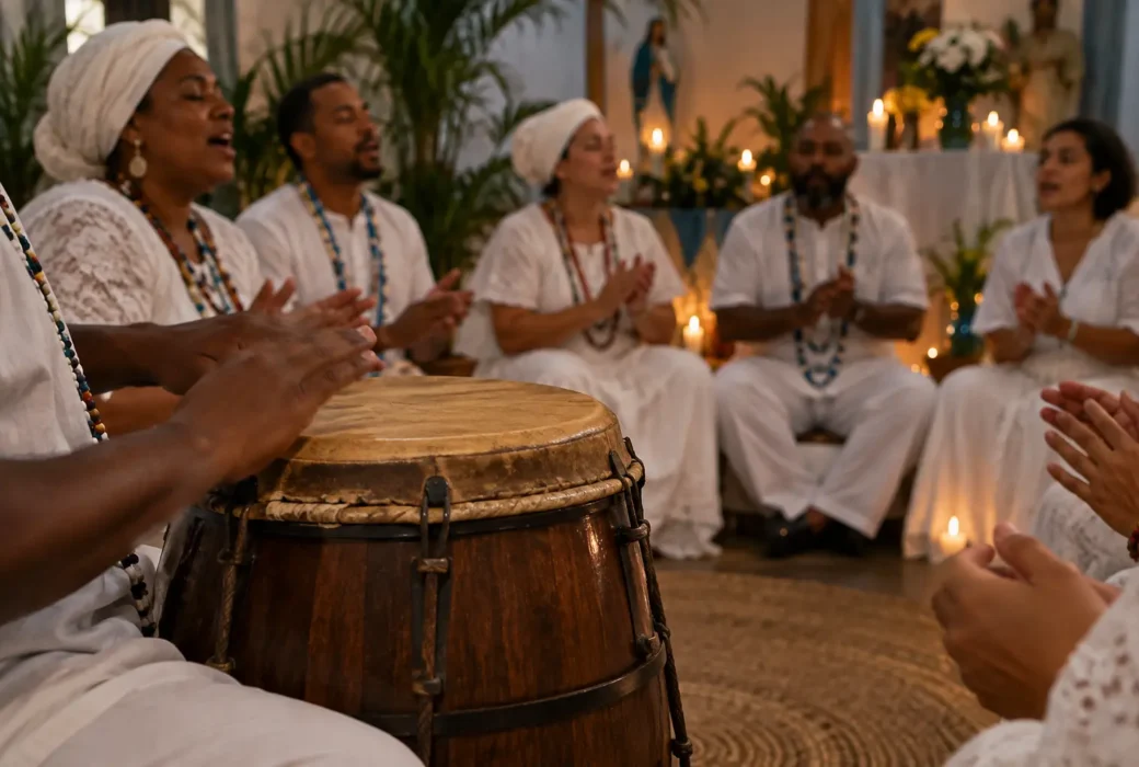 Praticantes de Umbanda em roda com atabaque, em um contexto de canto ritual e transmissão de saberes no terreiro.