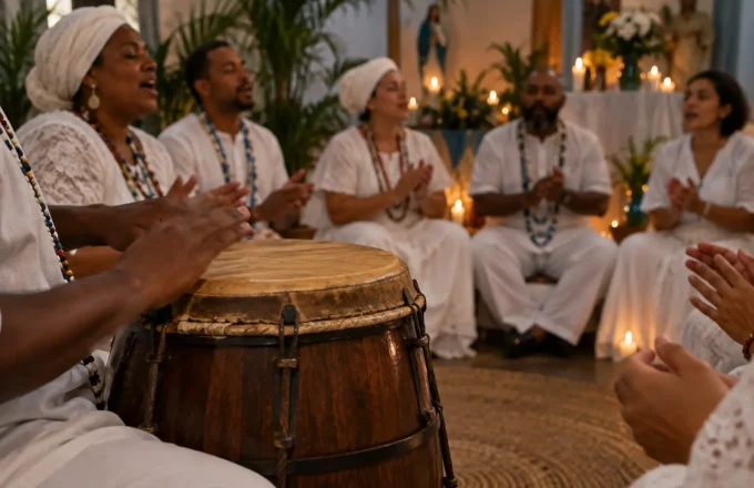 Praticantes de Umbanda em roda com atabaque, em um contexto de canto ritual e transmissão de saberes no terreiro.