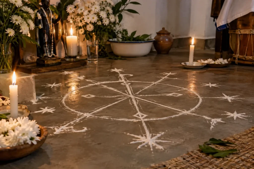 Grafia ritual de ponto riscado em um espaço de terreiro de Umbanda, com atmosfera de cuidado e memória