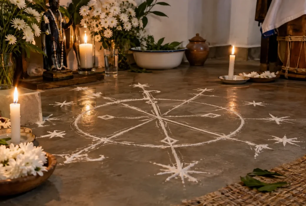 Grafia ritual de ponto riscado em um espaço de terreiro de Umbanda, com atmosfera de cuidado e memória