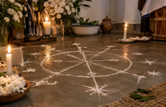 Grafia ritual de ponto riscado em um espaço de terreiro de Umbanda, com atmosfera de cuidado e memória