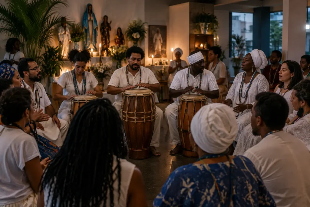 Grupo em um terreiro de Umbanda cantando ao redor de atabaques, em ambiente respeitoso e sóbrio que sugere tradição, memória e circulação da música sagrada.