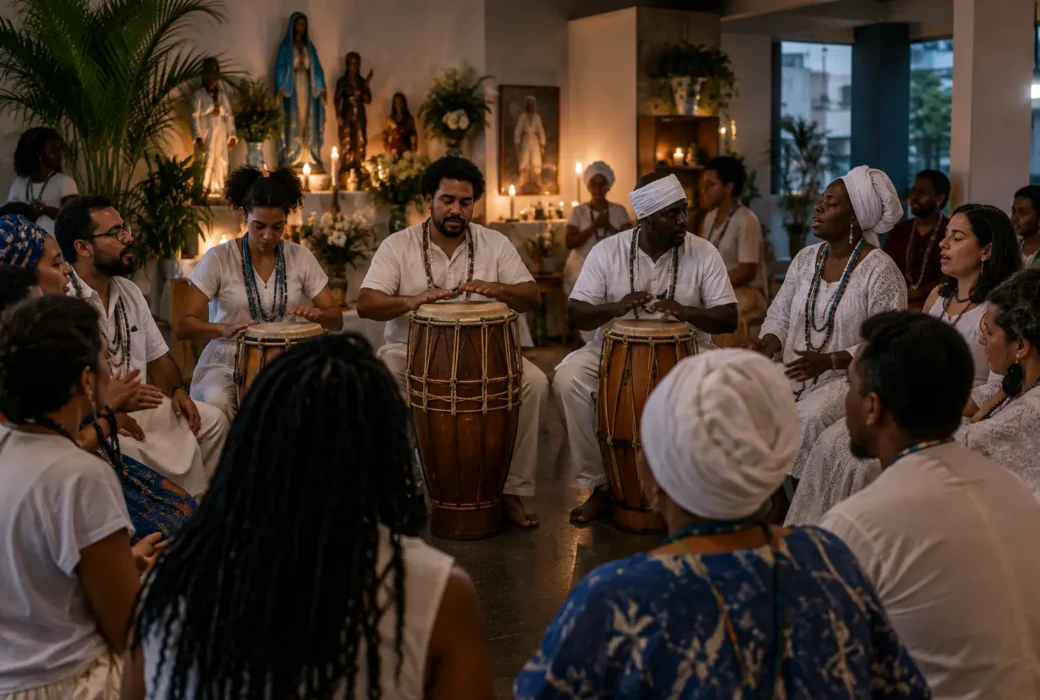Grupo em um terreiro de Umbanda cantando ao redor de atabaques, em ambiente respeitoso e sóbrio que sugere tradição, memória e circulação da música sagrada.
