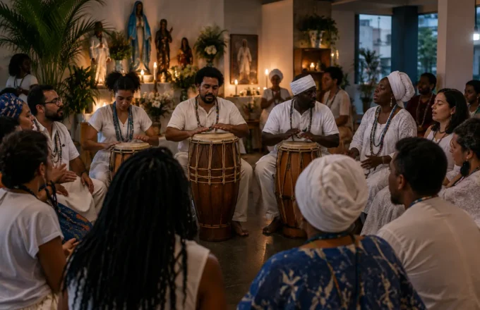 Grupo em um terreiro de Umbanda cantando ao redor de atabaques, em ambiente respeitoso e sóbrio que sugere tradição, memória e circulação da música sagrada.