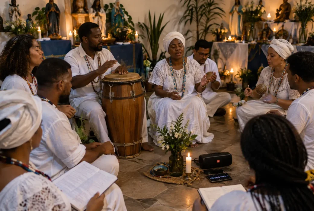 Participantes de um terreiro de Umbanda em círculo, com canto, atabaques e registros de memória sonora em ambiente respeitoso.