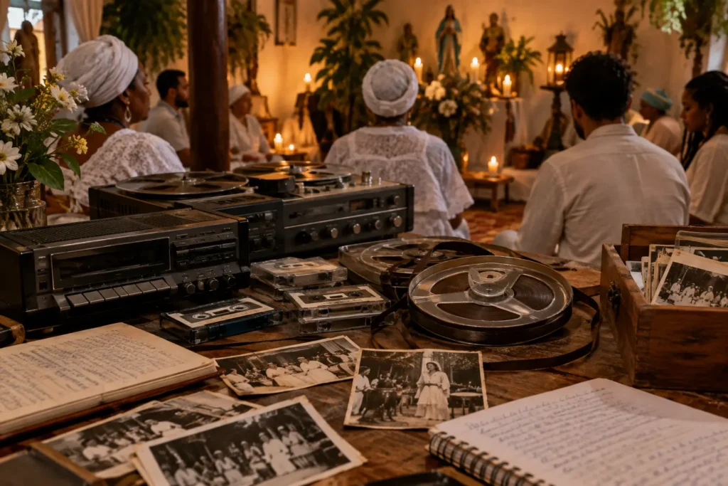 Interior de terreiro de Umbanda com fitas cassete, gravações antigas e materiais de acervo sobre uma mesa, simbolizando a preservação da memória sonora da religião.
