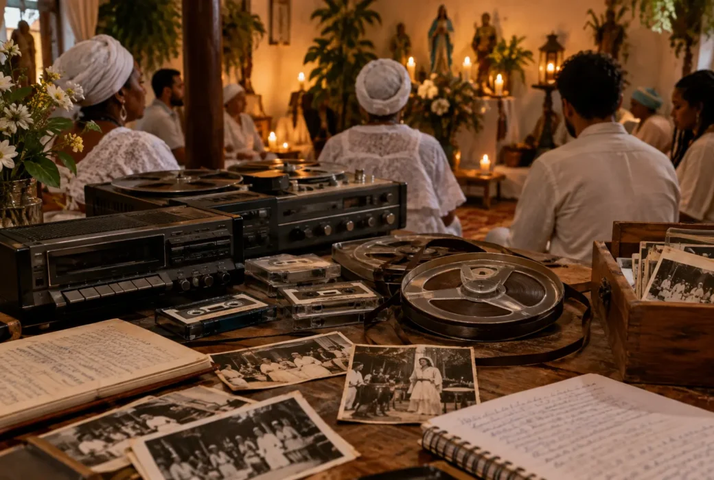 Interior de terreiro de Umbanda com fitas cassete, gravações antigas e materiais de acervo sobre uma mesa, simbolizando a preservação da memória sonora da religião.