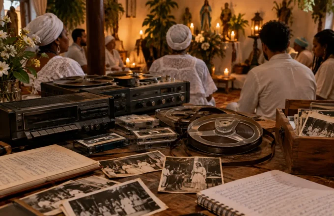 Interior de terreiro de Umbanda com fitas cassete, gravações antigas e materiais de acervo sobre uma mesa, simbolizando a preservação da memória sonora da religião.